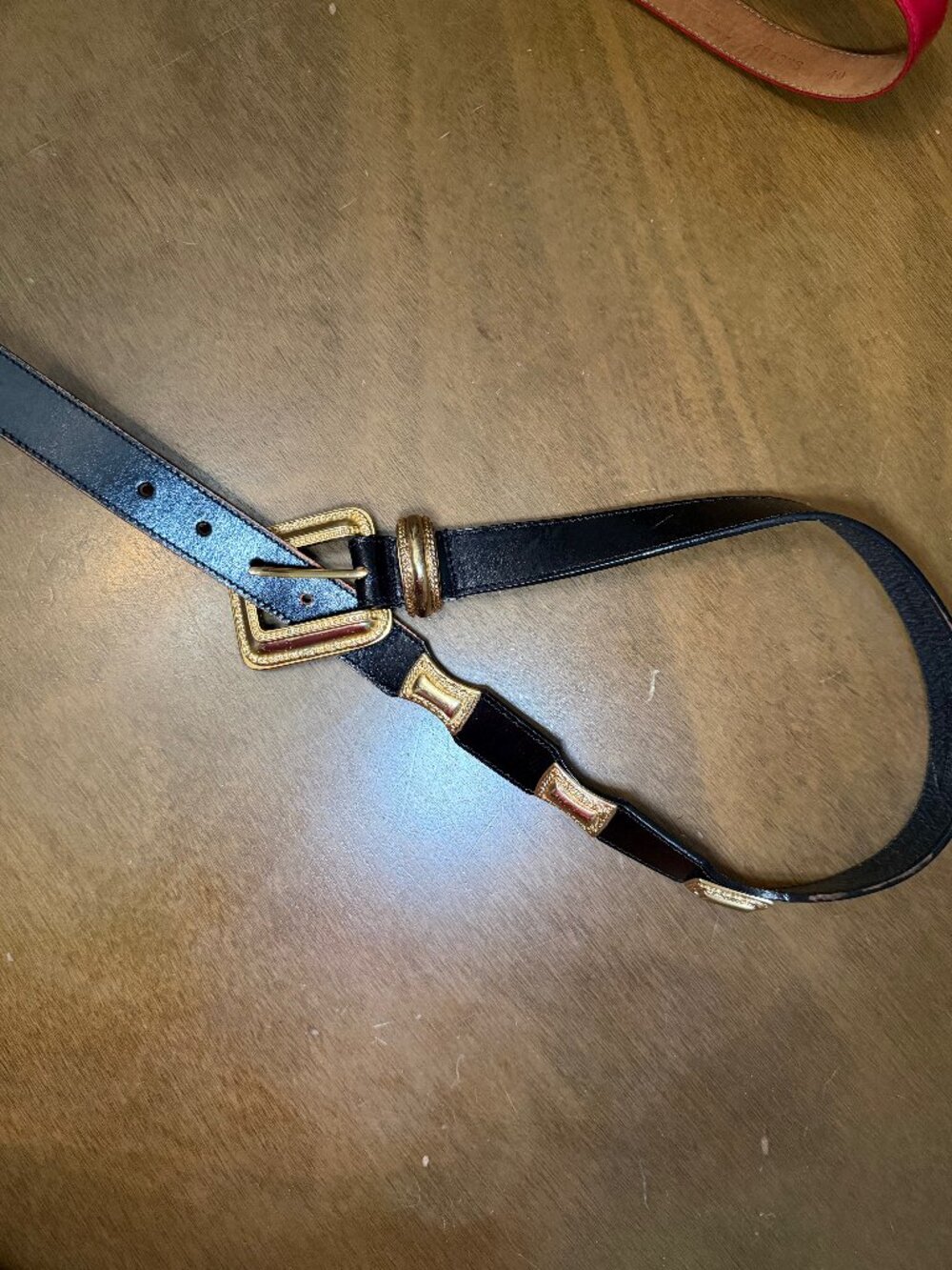 Vintage Milor Black Genuine Leather Belt Gold Ornate Hardware Small 32”